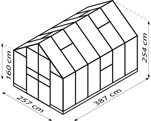 Schéma d''une serre mesurant 257 cm de largeur, 387 cm de longueur et 254 cm de hauteur.