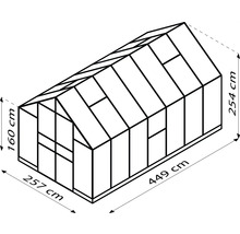 Abmessungen eines Gewächshauses: 257 cm x 449 cm, Höhe: 160 cm bis 254 cm