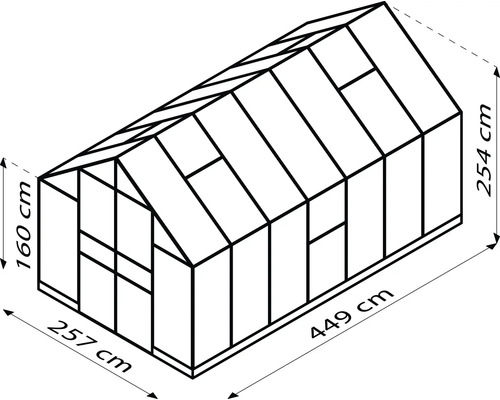 Schéma technique d''une serre avec les dimensions suivantes : 257 cm de large, 449 cm de long et 254 cm de haut