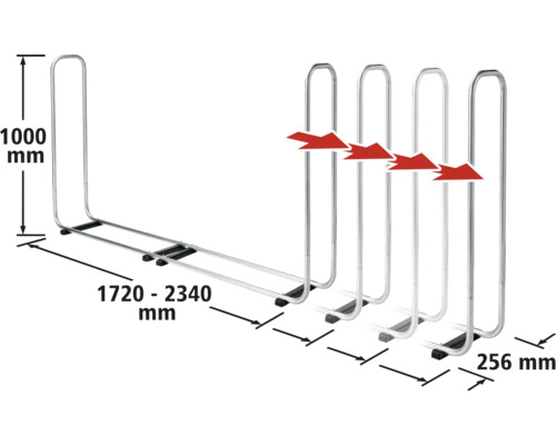 Support à vélos avec les dimensions suivantes : 1000 mm de hauteur, 1720 à 2340 mm de largeur et 256 mm de profondeur