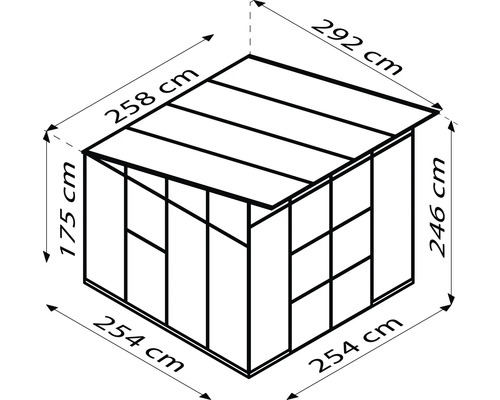 Illustration eines Gewächshauses mit den Maßen 254 x 254 x 246 cm, Firsthöhe 292 cm und Seitenhöhe 175 cm