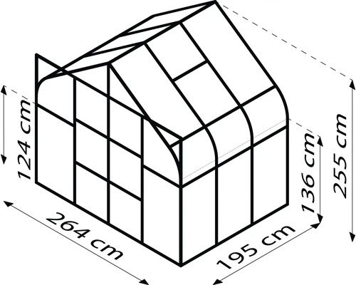 Illustration eines Gewächshauses mit Maßangaben: 264 cm Länge, 195 cm Breite, 124 cm Seitenhöhe und 255 cm Gesamthöhe