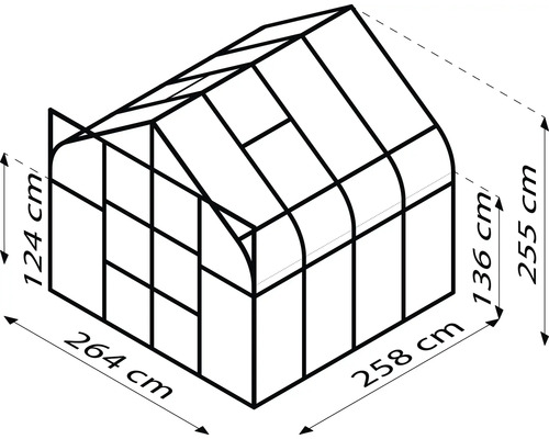 Schéma d''une serre mesurant 264 sur 258 centimètres de surface au sol et 124 ou 255 centimètres de hauteur
