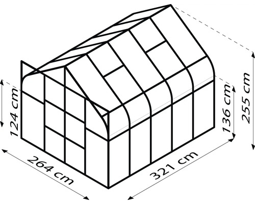 Illustration eines Gewächshauses mit den Maßen 264 cm x 321 cm x 255 cm