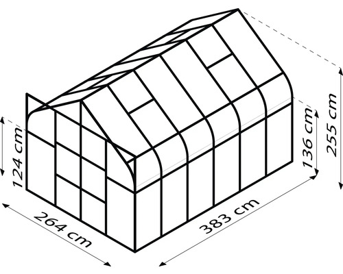 Image d''une serre mesurant 383 cm de long, 264 cm de large et 255 cm de haut