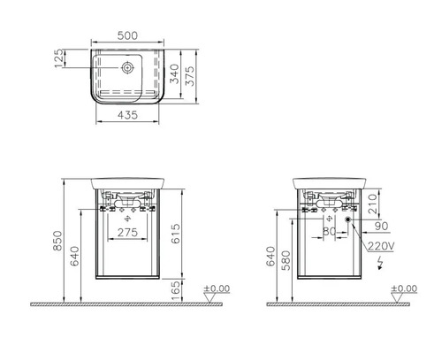 Schéma technique d''un lavabo avec dimensions