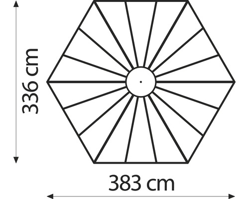 Dimensions d''un parasol hexagonal : 336 cm x 383 cm