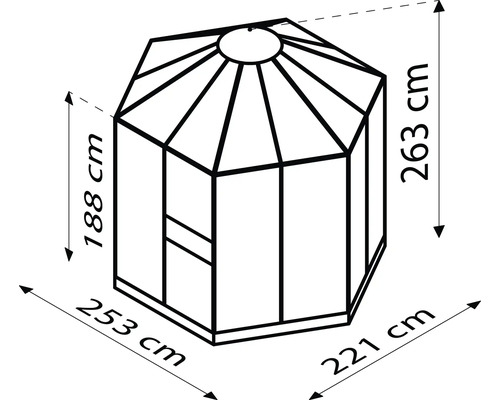 Dimensions d''une gloriette hexagonale: 263 cm de haut, côtés de 221 cm et 253 cm, hauteur des murs de 188 cm.
