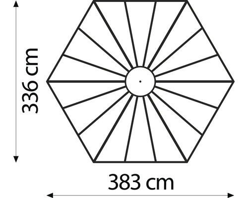 Schéma d''un parasol avec des dimensions de 336 cm de haut et 383 cm de large