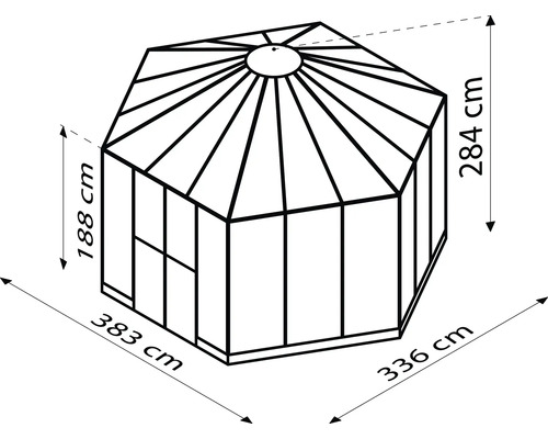 Image d''une cabane de jardin avec des dimensions de 188 cm de hauteur, 383 cm de largeur, 336 cm de profondeur et 284 cm de hauteur totale