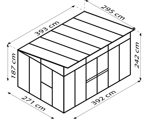 Illustration d''un abri de jardin avec les dimensions : base de 271 cm x 392 cm, hauteur de 242 cm, auvent de 187 cm x 393 cm et largeur de toit de 295 cm