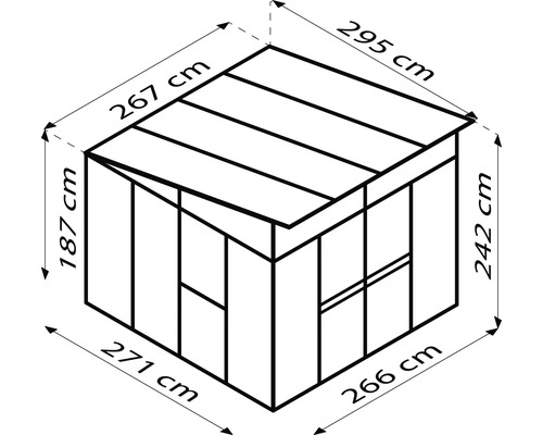 Schéma d''une remise de jardin avec des dimensions en centimètres