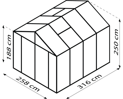 Illustration d''une serre de dimensions 316 x 258 x 250 cm