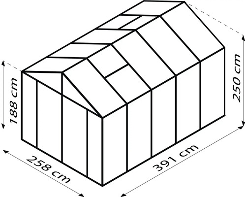 Illustration d''une serre mesurant 258 sur 391 sur 250 centimètres