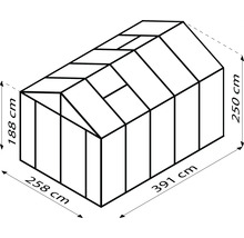 Schéma d''une serre avec des dimensions de 258 sur 391 sur 250 centimètres