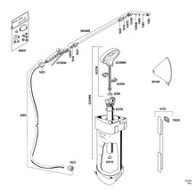 Schéma éclaté d''un pulvérisateur de jardin avec différentes pièces.