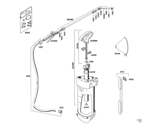 Schéma éclaté d''un pulvérisateur de jardin avec différentes pièces.