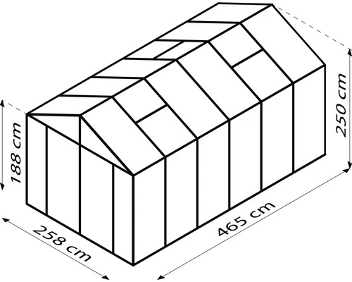 Schema eines Gewächshauses mit den Maßen 258 cm x 465 cm und einer Höhe von 250 cm