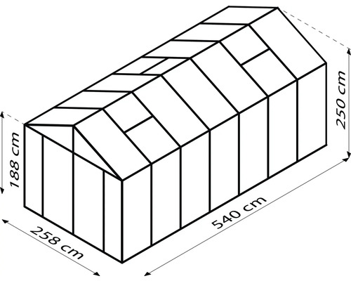 Abbildung des Gewächshaus-Umrisses mit den Maßen 258 cm x 540 cm x 188 cm x 250 cm