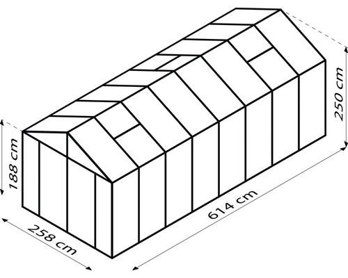 Image d''une serre mesurant 614 cm de long, 258 cm de large et 250 cm de haut