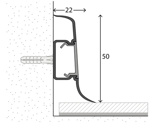 Dessin technique d''un profilé de plinthe avec des dimensions de 50 mm de hauteur et 22 mm de profondeur