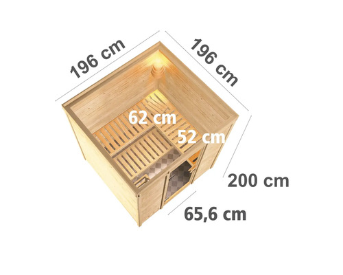 Draufsicht einer Holzsauna mit den Maßen 196 mal 196 mal 200 Zentimeter