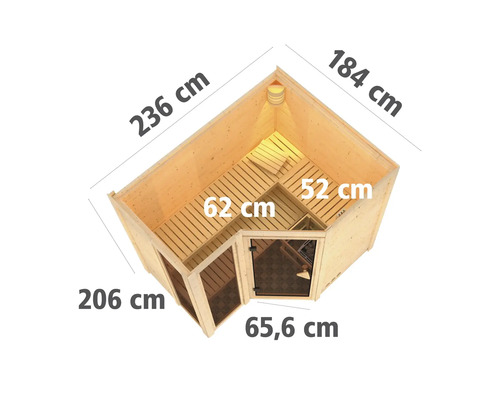 Illustration d''un sauna en éléments avec indication des dimensions de la longueur, de la largeur et de la hauteur.