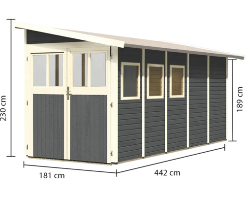 Gartenhaus mit Tür, Fenstern und Maßangaben