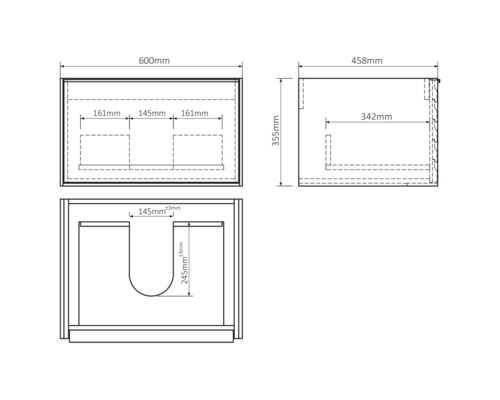 Technische Zeichnung eines Waschtischunterschranks mit Maßangaben.