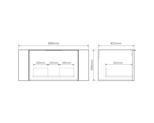Dessin technique d''un meuble sous-lavabo avec indications de dimensions.