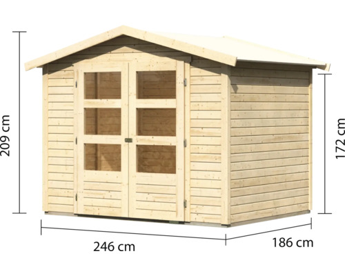Holzgartenhaus mit Doppeltür und Größenangaben