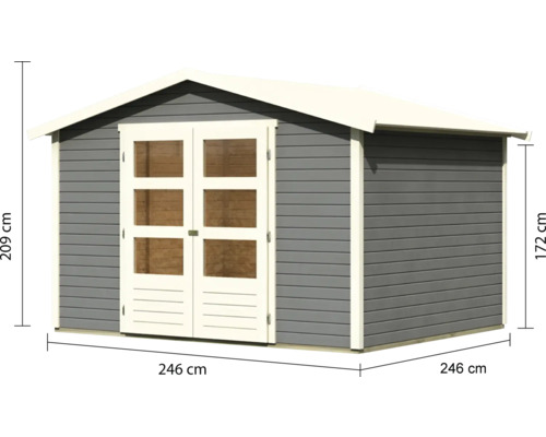 Abri de jardin en bois avec double porte et indications de dimensions