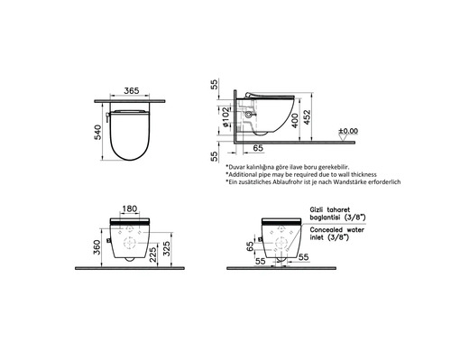 Technische Zeichnung eines wandhängenden WCs mit Maßangaben