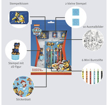 Boîte créative avec encreur, deux petits tampons, tampon avec figurine 2D, feuille d''autocollants, dix images à colorier et six mini crayons de couleur
