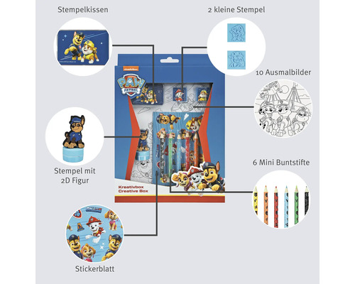Boîte créative avec encreur, deux petits tampons, tampon avec figurine 2D, feuille d''autocollants, dix images à colorier et six mini crayons de couleur